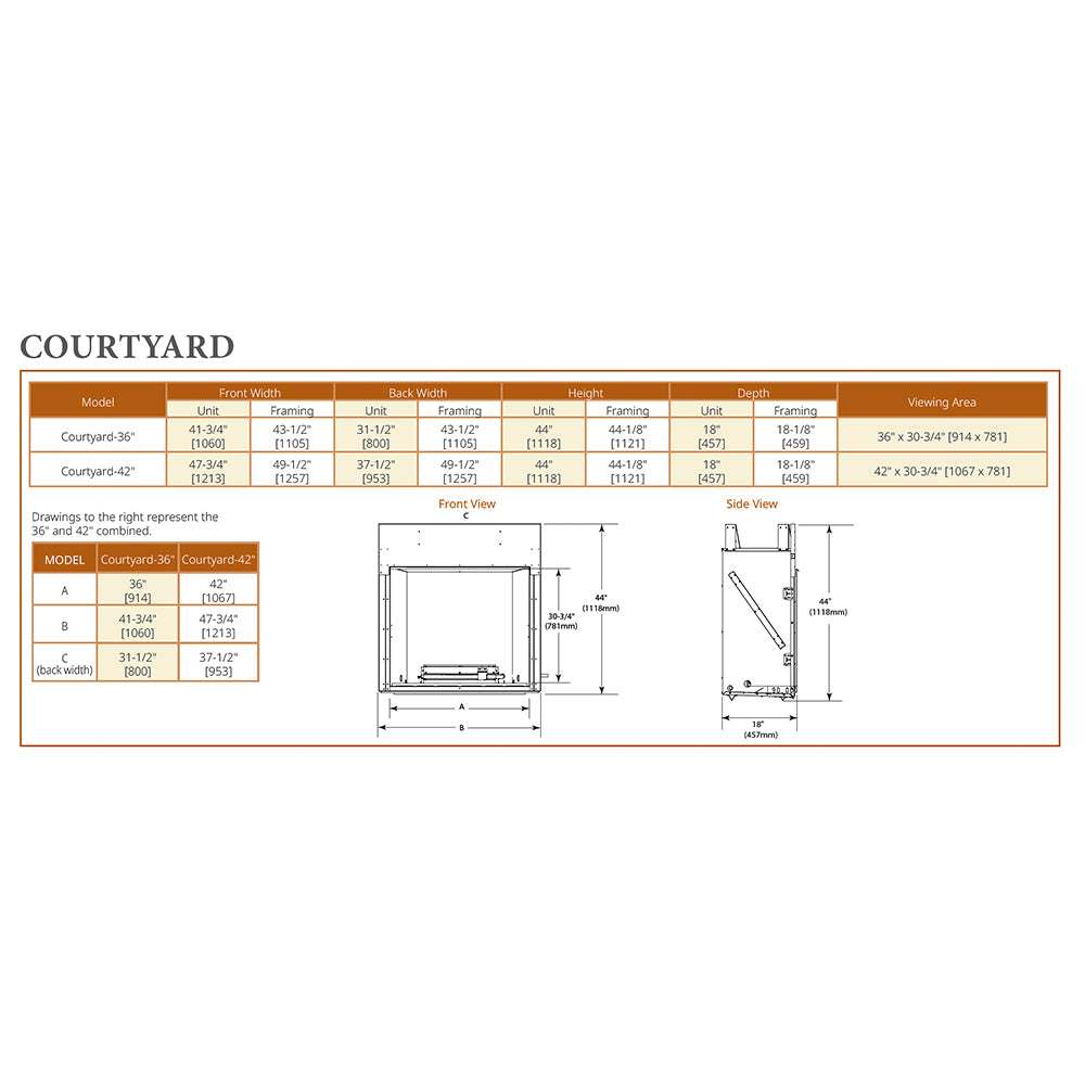 Outdoor gas fireplace dimensions chart with height, width, depth measurements