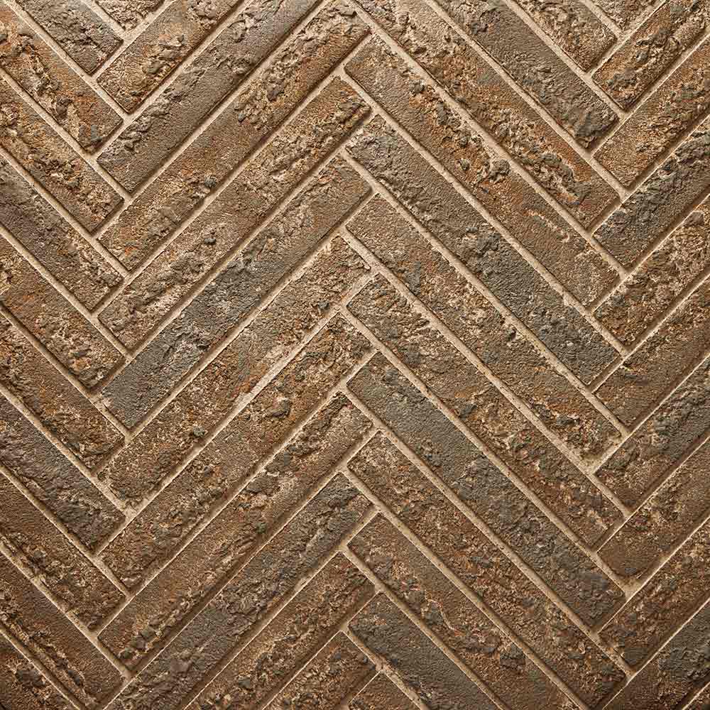 Brown herringbone refractory panel with interlocking brick pattern texture