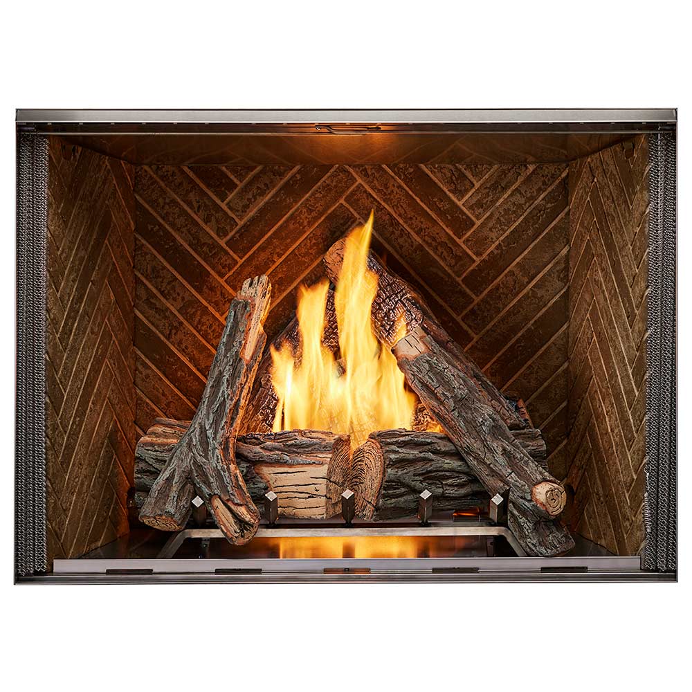 Outdoor gas fireplace firebox with glowing wood logs and bright flames