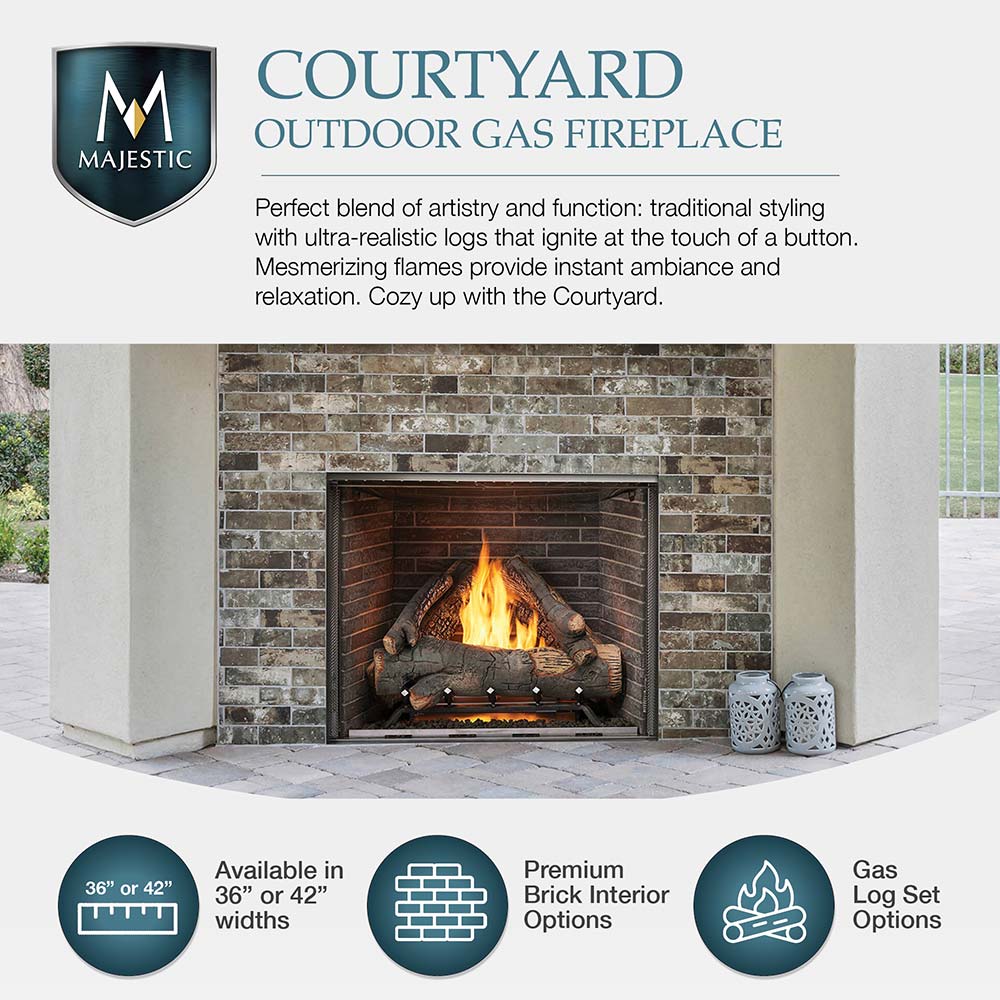 Outdoor gas fireplace with burning logs in a dark interior frame