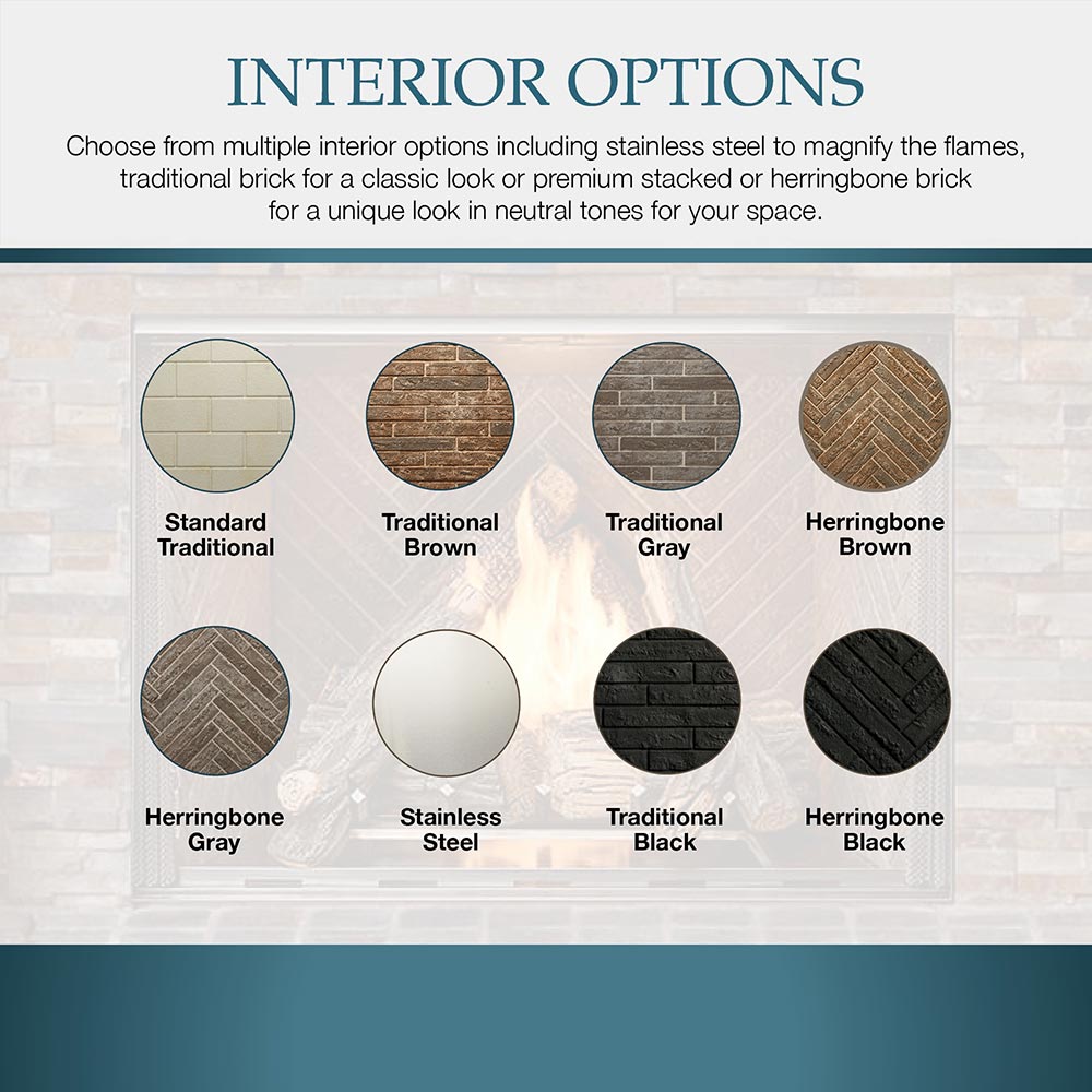 Outdoor gas fireplace interior finish swatch options for refractory panels