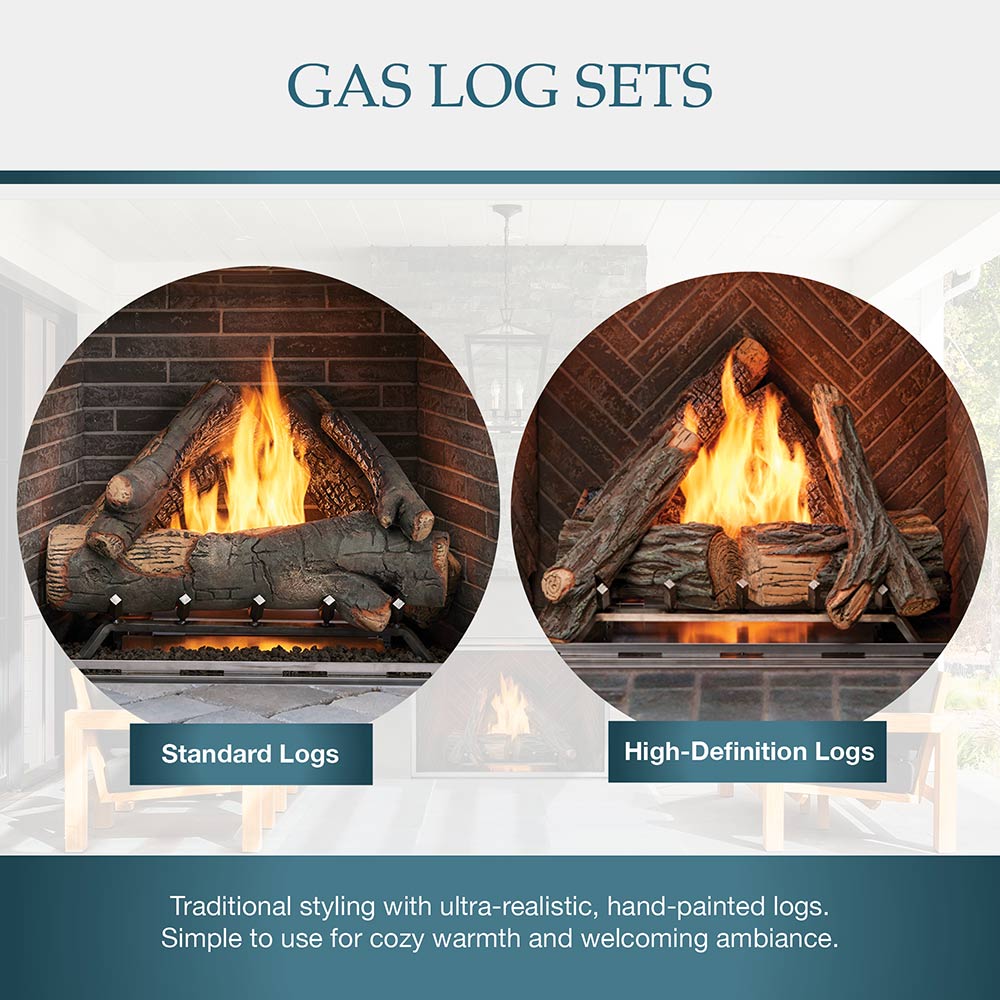 Gas log set option graphic with standard and high-definition burning logs