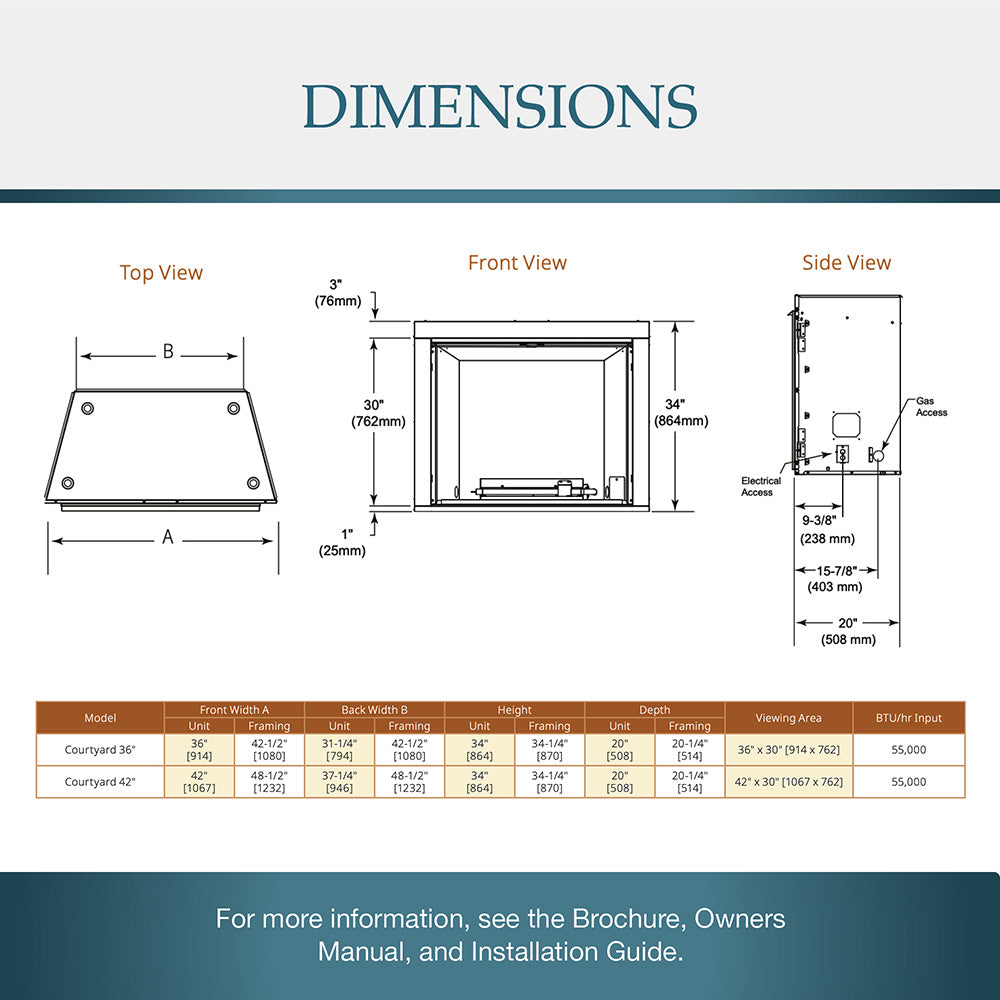 Outdoor gas fireplace dimensions diagram showing top, front, and side views