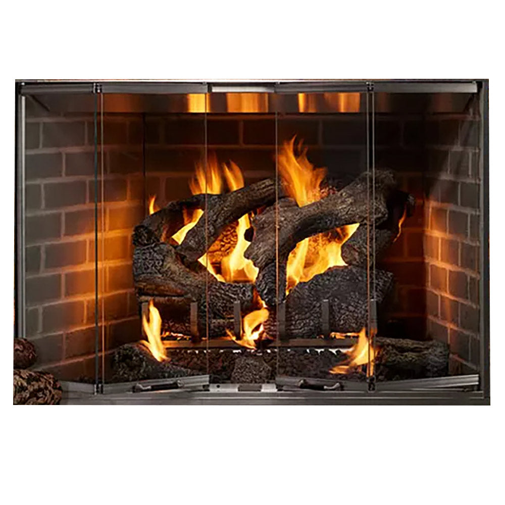 Outdoor wood fireplace with glowing flames inside dark brick surround and glass doors