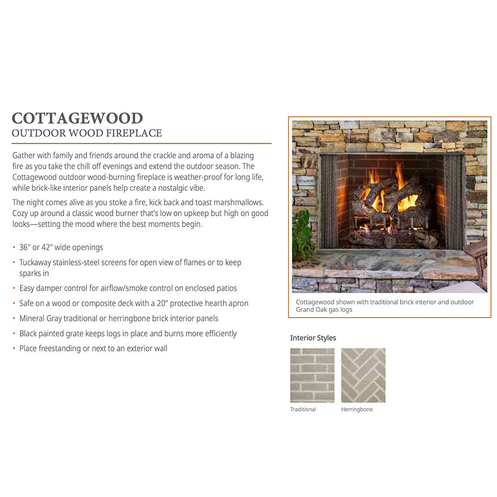 Outdoor wood fireplace brochure page showing lit fireplace photo and brick pattern options