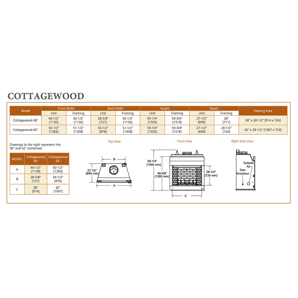 Outdoor wood fireplace spec sheet with dimension diagrams and model table
