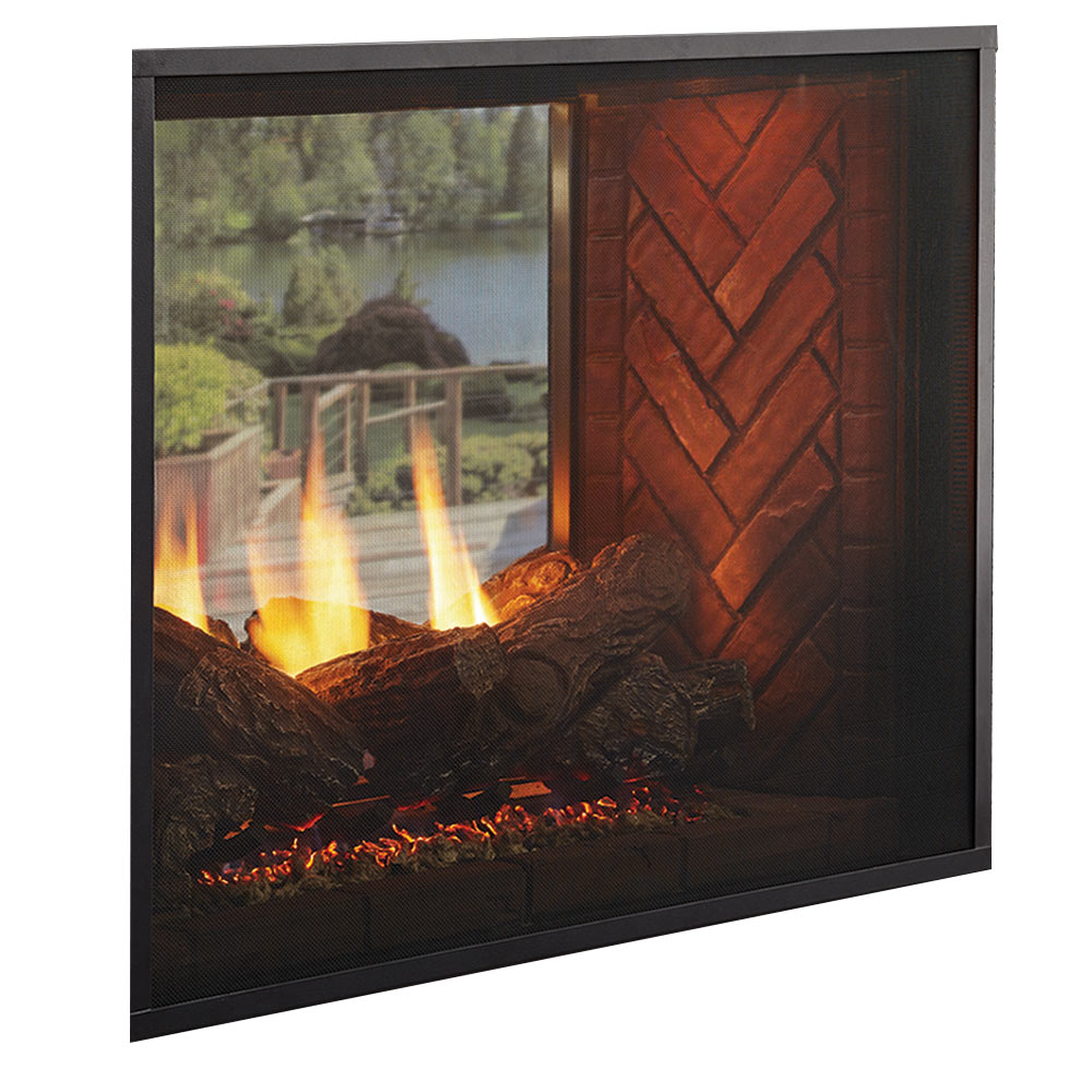 See-through gas fireplace with red brick panel and burning logs behind glass