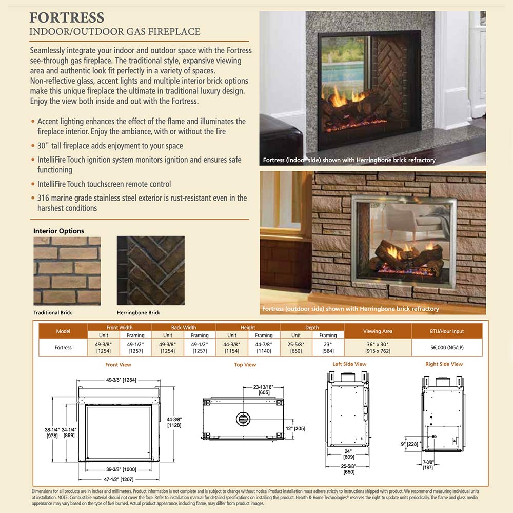 Outdoor gas fireplace brochure page with dimensions and interior options diagram