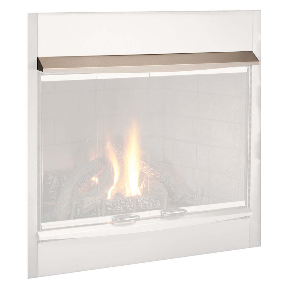 Brushed stainless fireplace hood with open fire and glass front frame