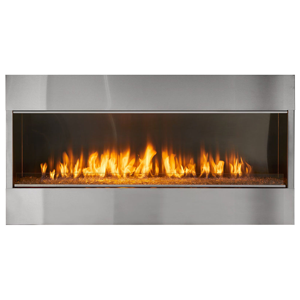 Outdoor linear gas fireplace with stainless interior and visible flames, built-in rectangular firebox