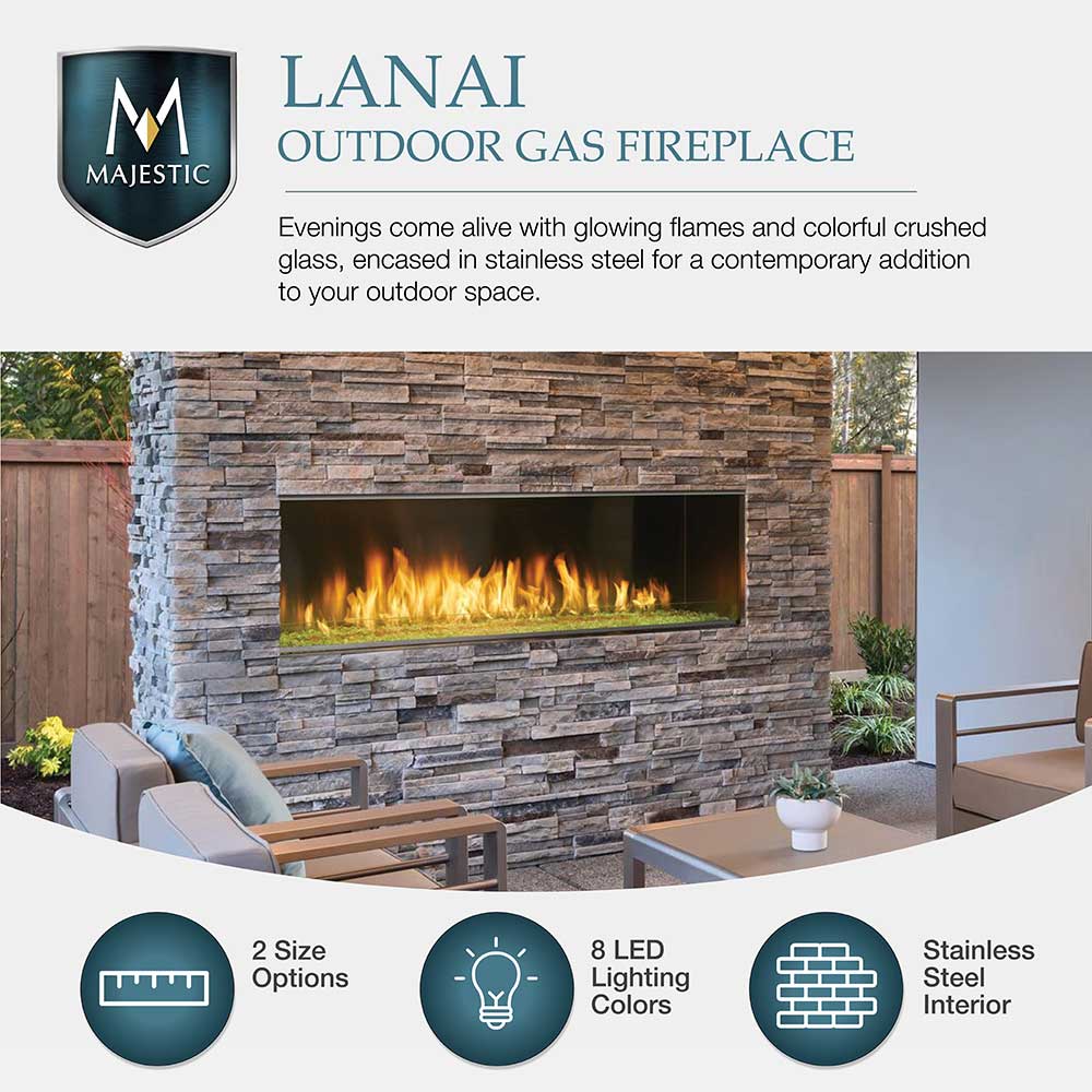 Outdoor linear gas fireplace with flames in stone surround, front view