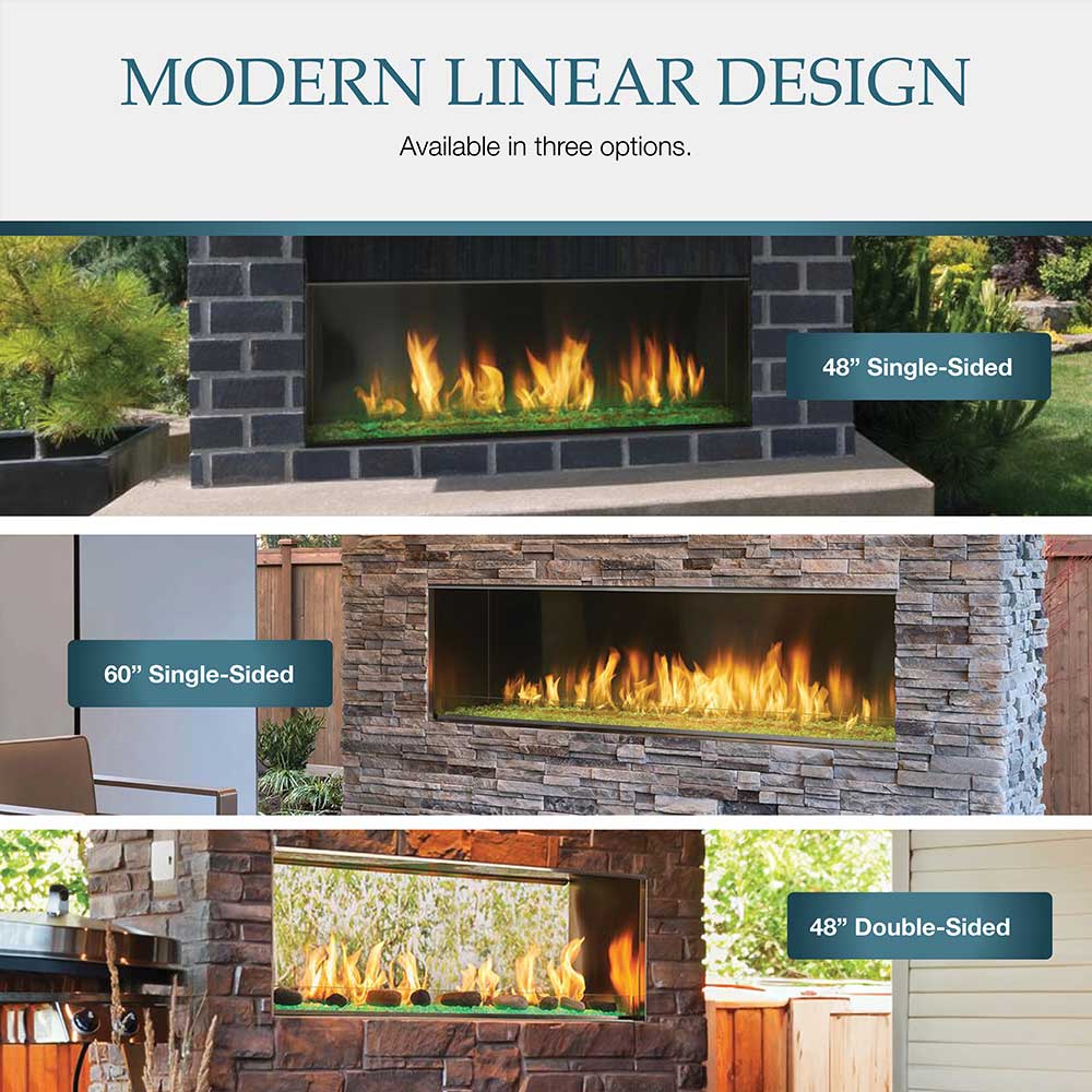 Outdoor linear gas fireplace with black firebox and flames, stone surround shown in multiple angles