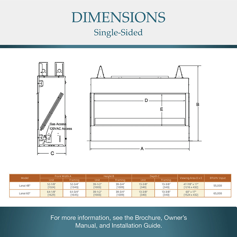 Single-sided outdoor gas fireplace dimensions diagram with height and depth measurements