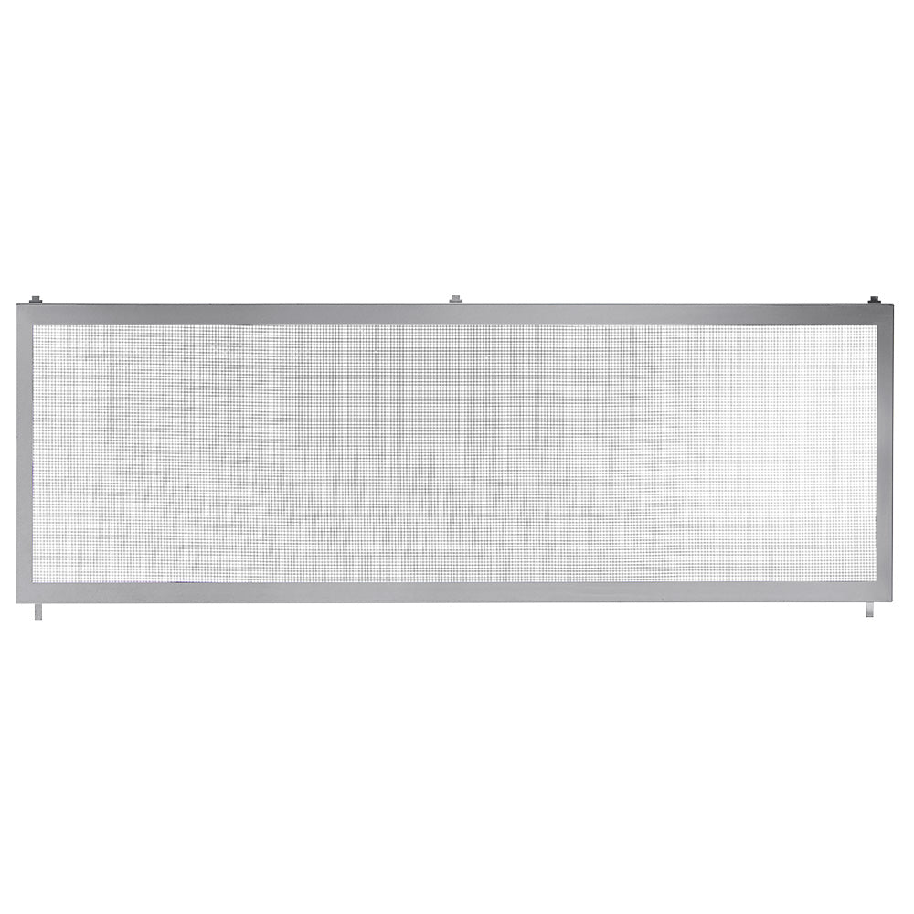 Framed rectangular screen barrier with light mesh panels and dark frame