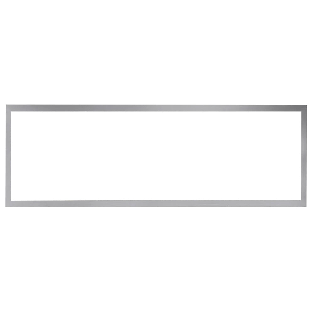 Rectangular metal trim frame for outdoor gas fireplace, silver-gray with open center