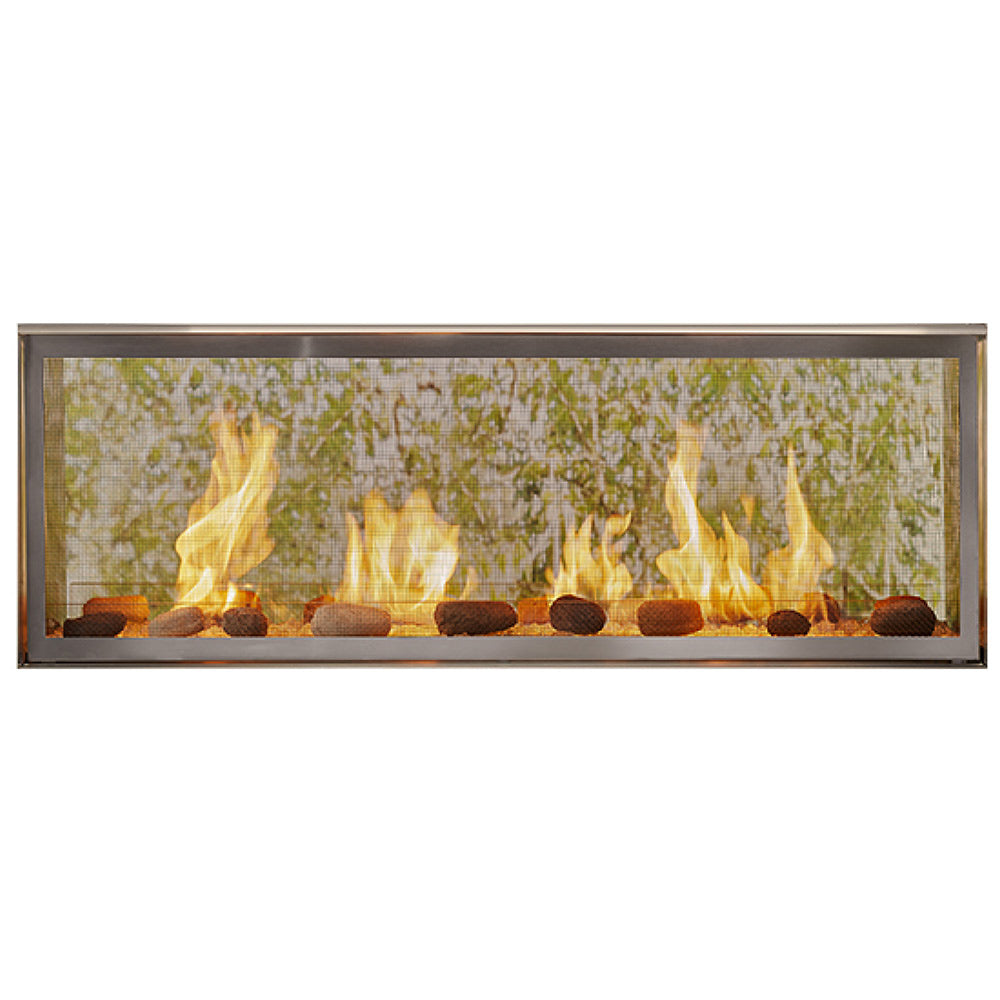 Linear outdoor see-through gas fireplace with flames in a rectangular frame