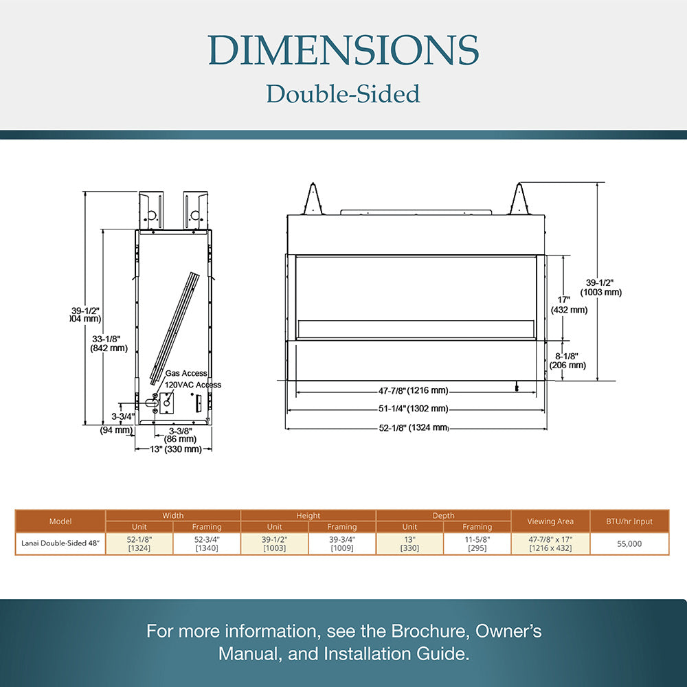 Outdoor gas fireplace dimensions diagram for double-sided model