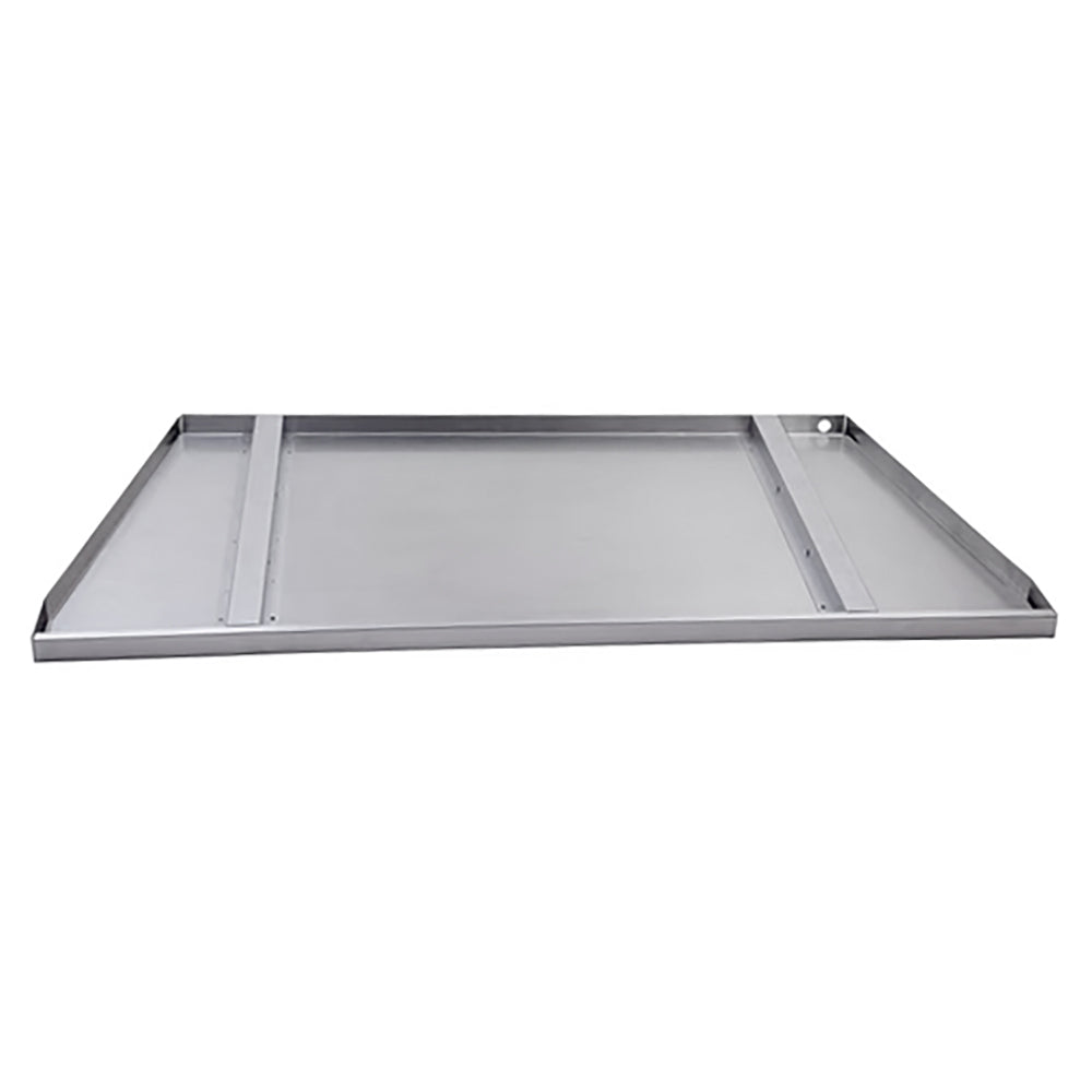 Metal drain pan with raised edges and side channels, rectangular tray shape