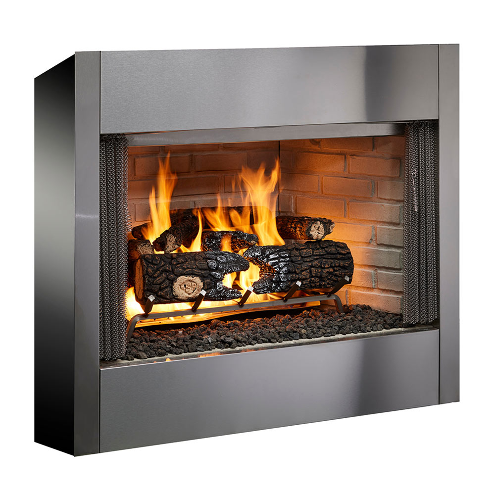 Outdoor wood-burning fireplace with silver surround and open front, burning logs and stones