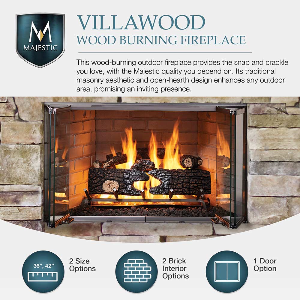 Wood-burning outdoor fireplace with glass doors and burning logs in brick interior