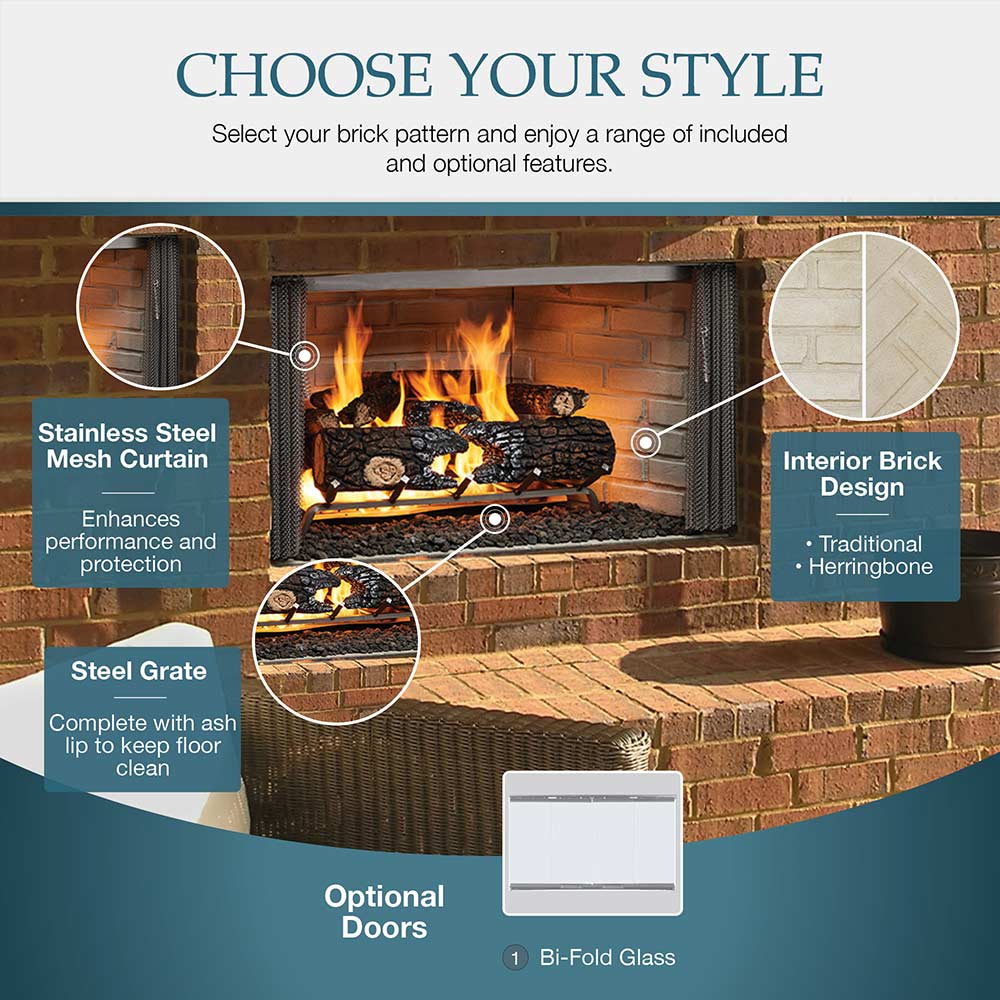 Outdoor wood-burning fireplace diagram showing mesh curtain, grate, and doors options