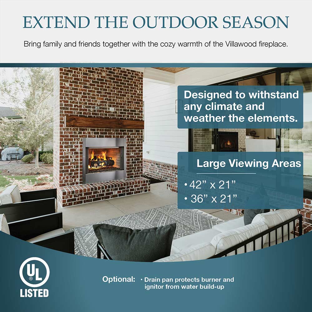 Outdoor wood-burning fireplace in brick wall with extended viewing patio seating nearby