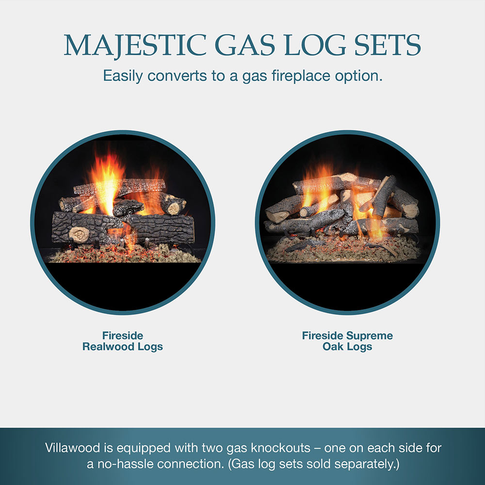 Gas log set diagram with realwood and oak log illustrations and flames