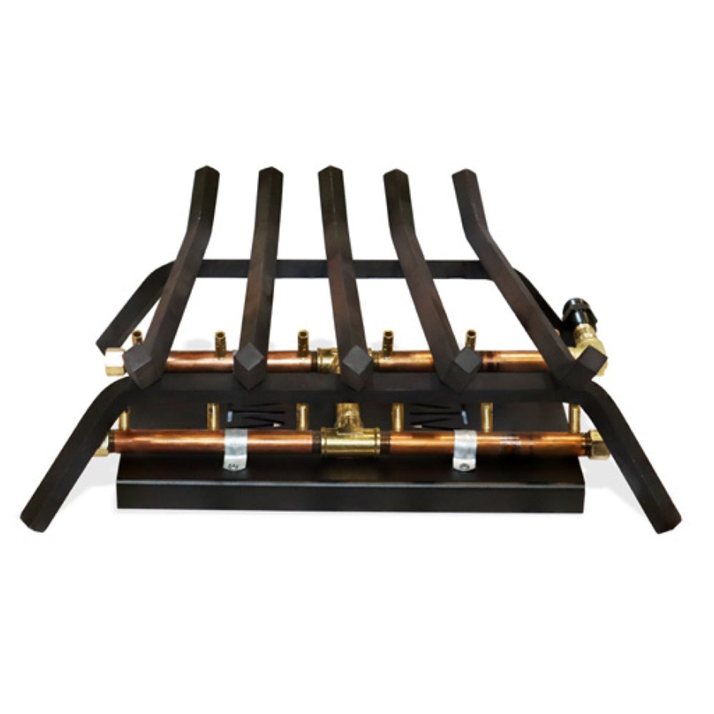 H-style crossfire gas burner kit with black grate, copper tubes, and brass fittings