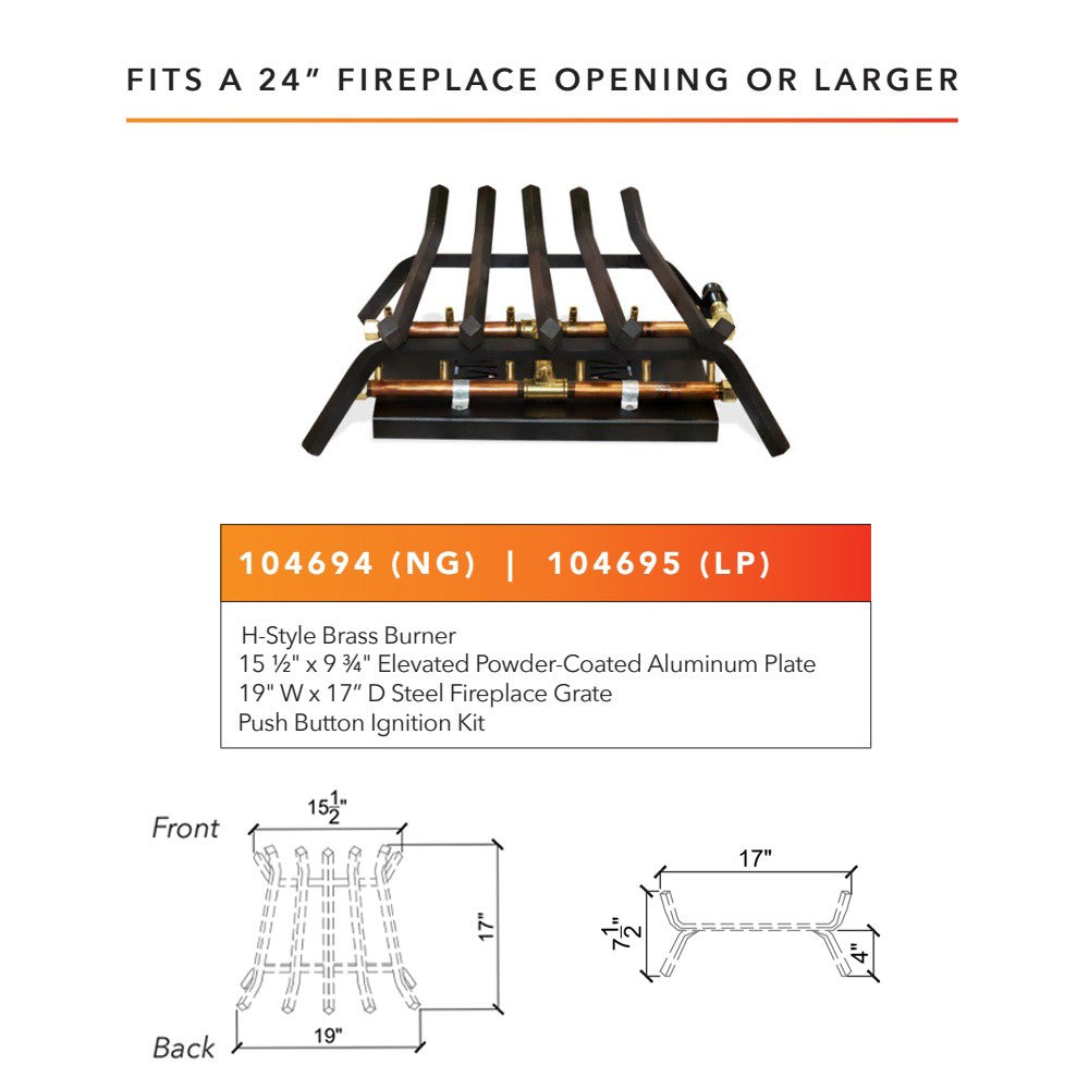 H-style crossfire burner kit diagram for 24 in fireplace opening with measurements