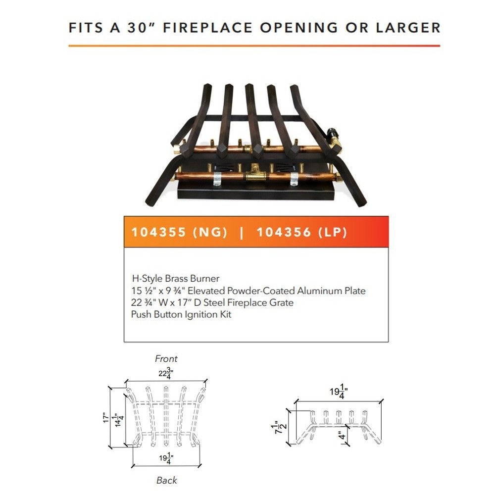 H-style crossfire burner kit diagram for 30 in fireplace opening with measurements