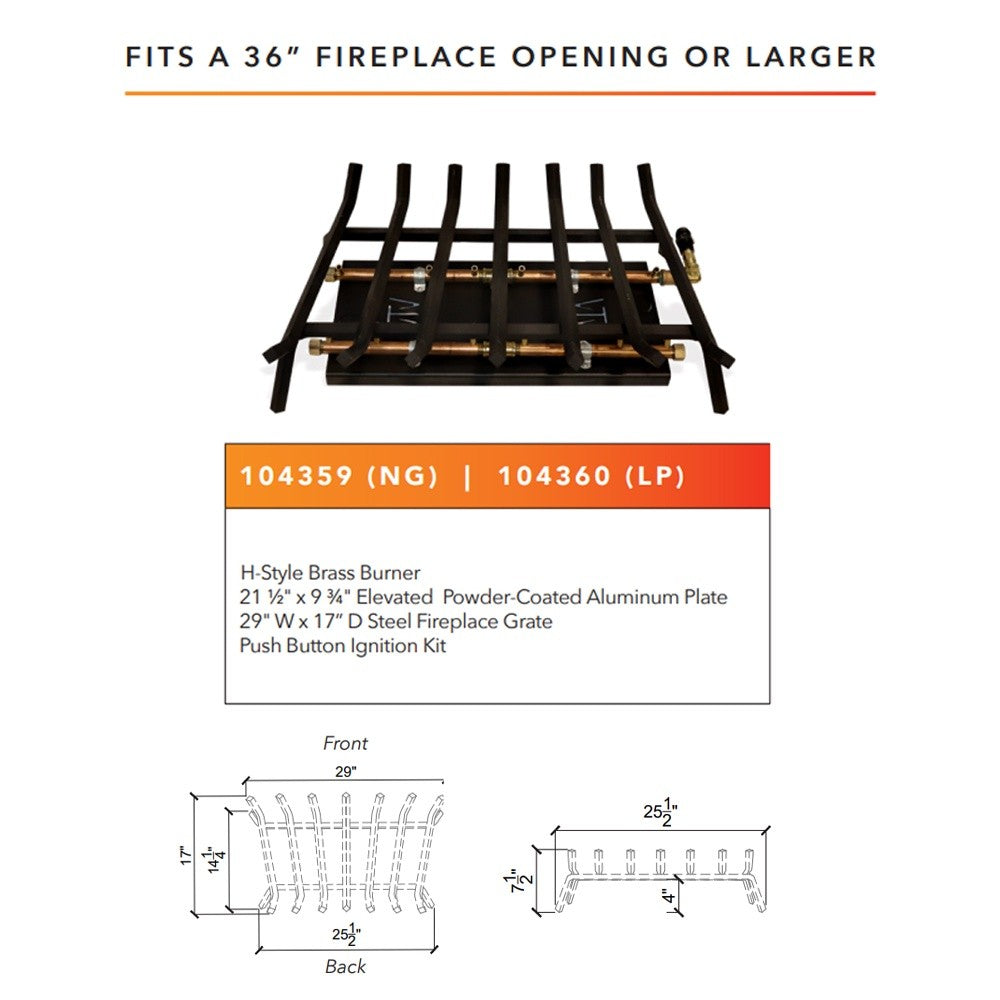 H-style crossfire burner kit diagram for 36 in fireplace opening with measurements