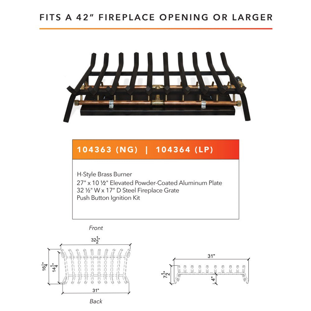 H-style crossfire burner kit diagram for 42 in fireplace opening with measurements