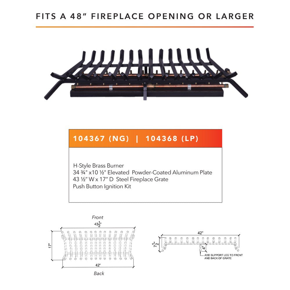 H-style crossfire burner kit diagram for 48 in fireplace opening with measurements