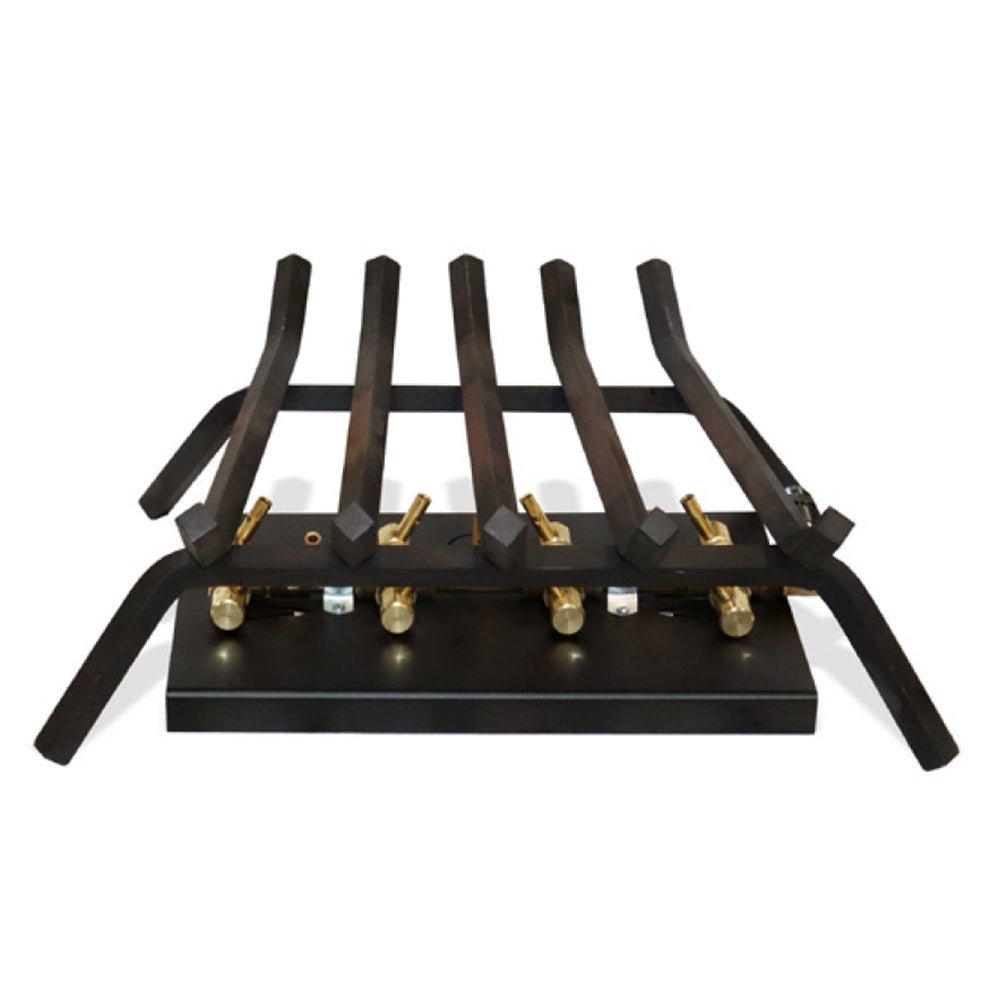Tree-style crossfire gas burner kit with dark grate bars on black base