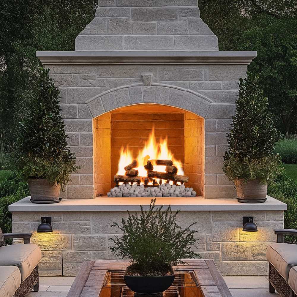 Crossfire burner grate inside an outdoor fireplace with active orange flames