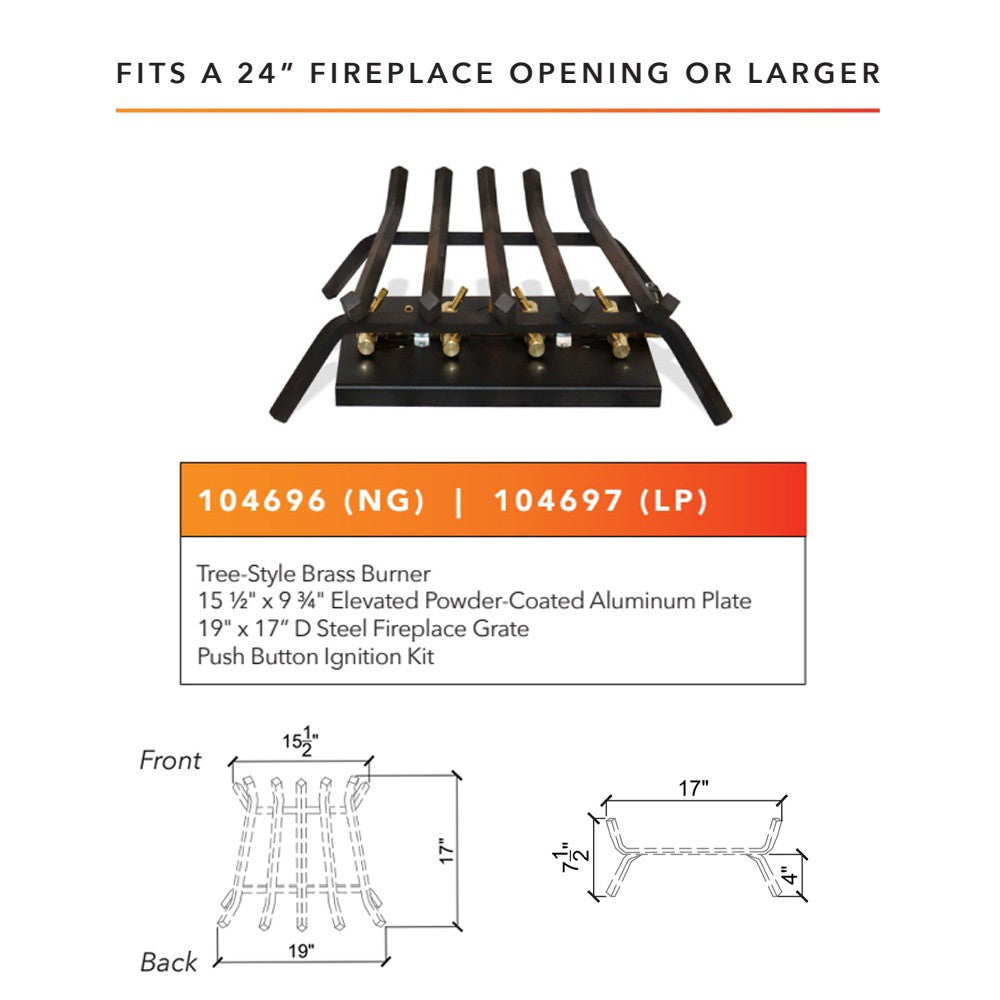 24-inch fireplace crossfire burner grate assembly with push button ignition kit