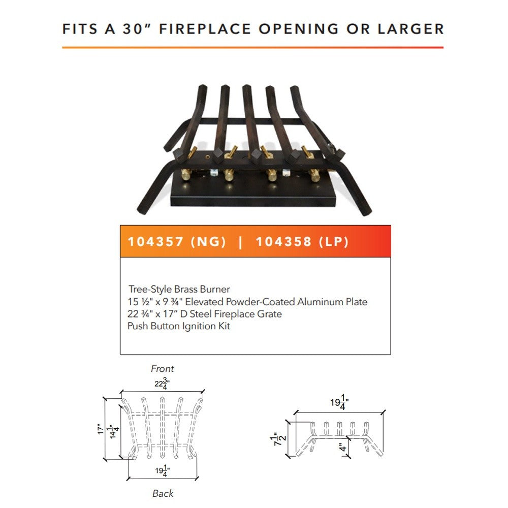 30-inch fireplace crossfire burner grate assembly with push button ignition kit