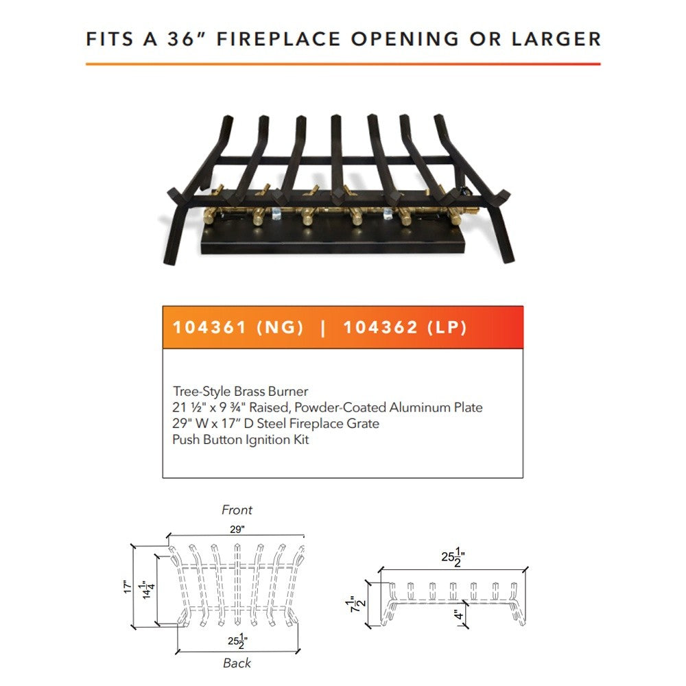 36-inch fireplace crossfire burner grate assembly with push button ignition kit