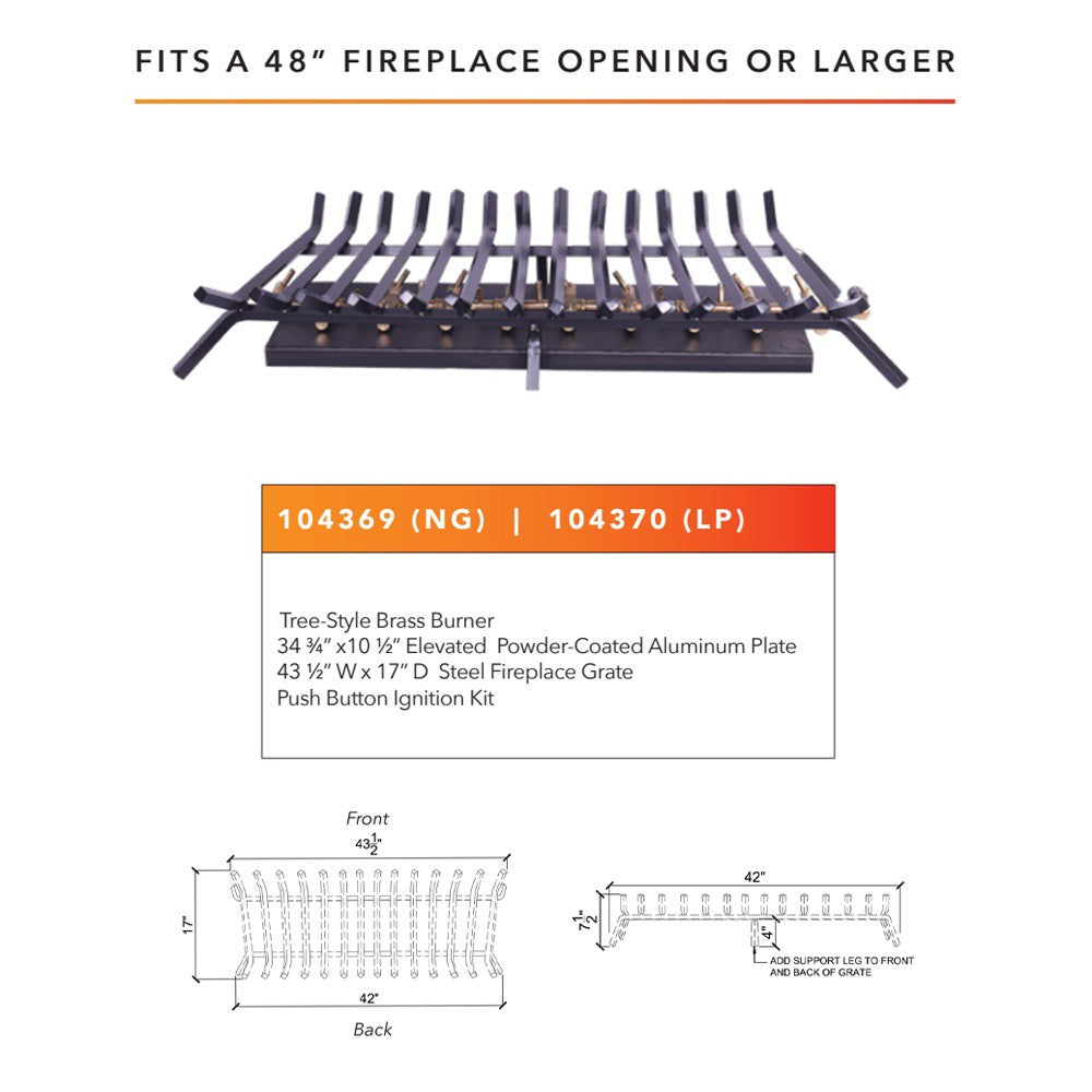 48-inch fireplace crossfire burner grate assembly with push button ignition kit