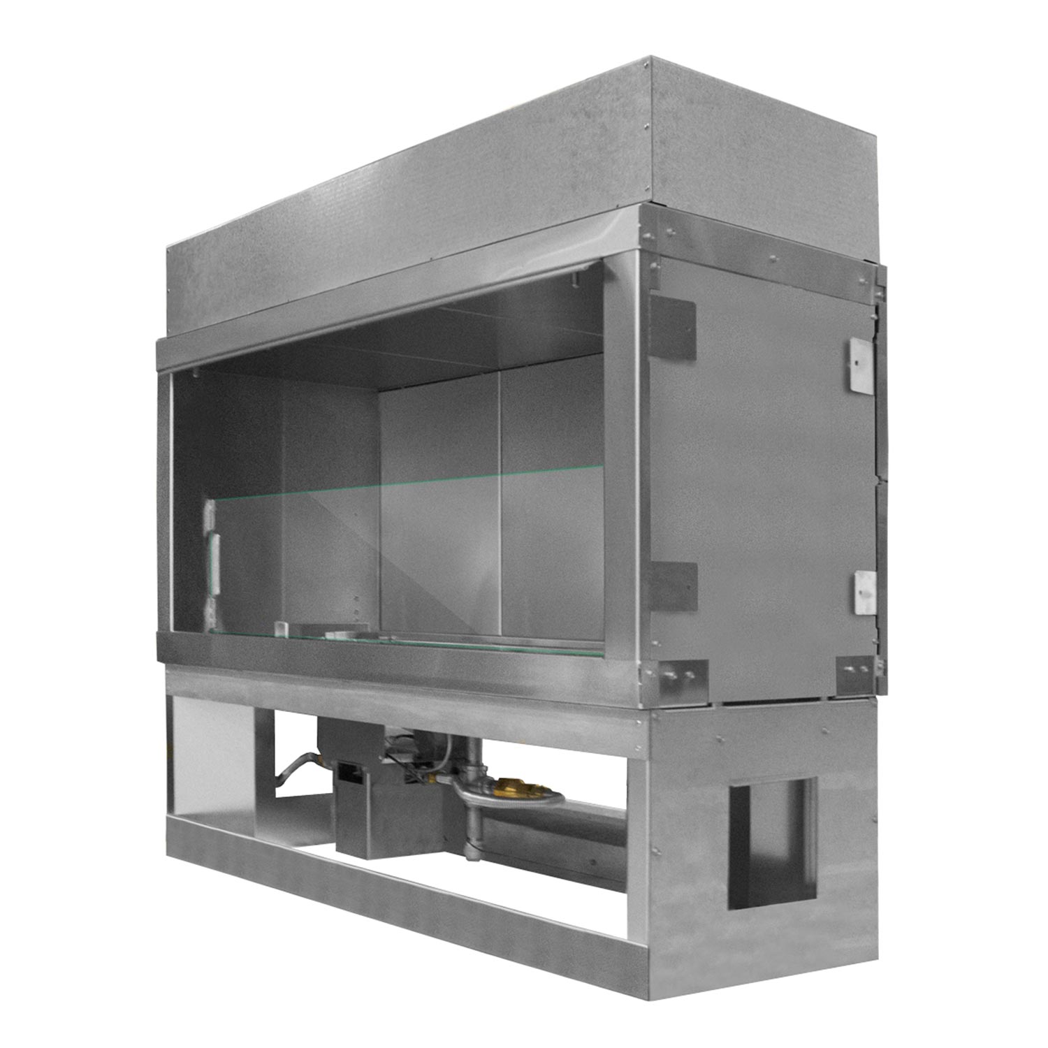 Outdoor linear gas fireplace insert with glass front and side access panel