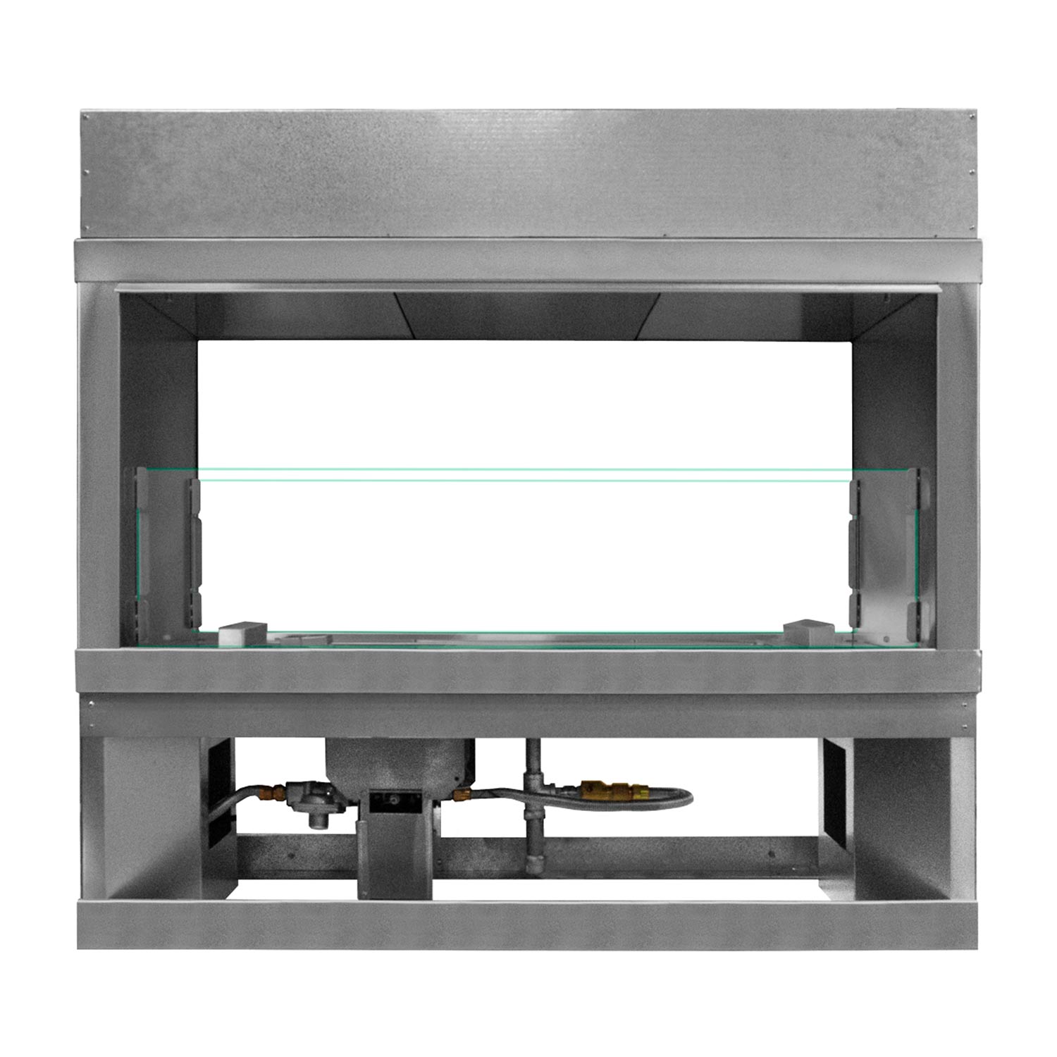 Fireplace conversion kit frame with metallic housing and burner components
