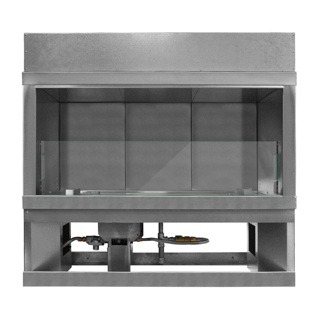 Stainless linear outdoor gas fireplace insert with open front and glass viewing panel