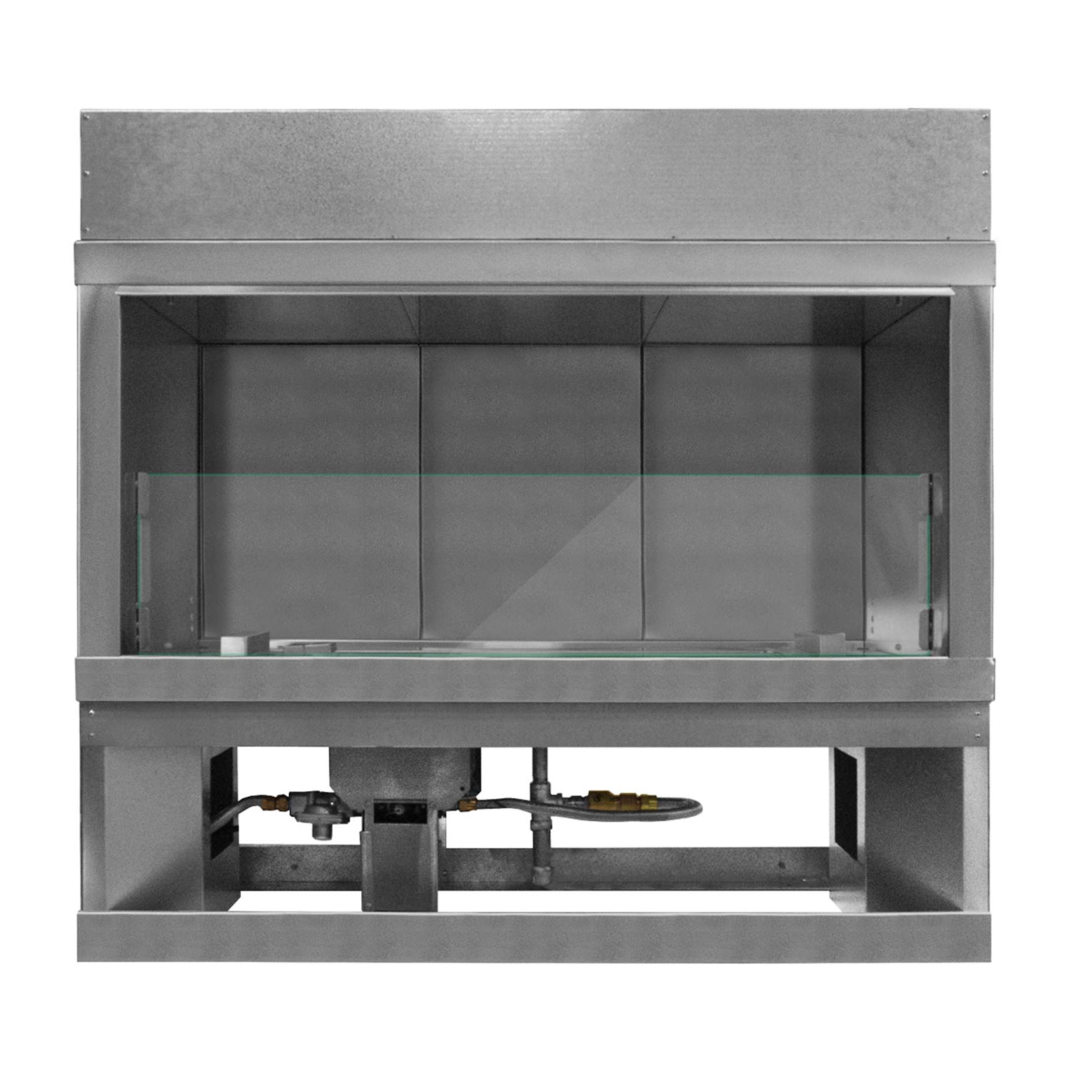 Stainless linear outdoor gas fireplace insert with open front and glass viewing panel