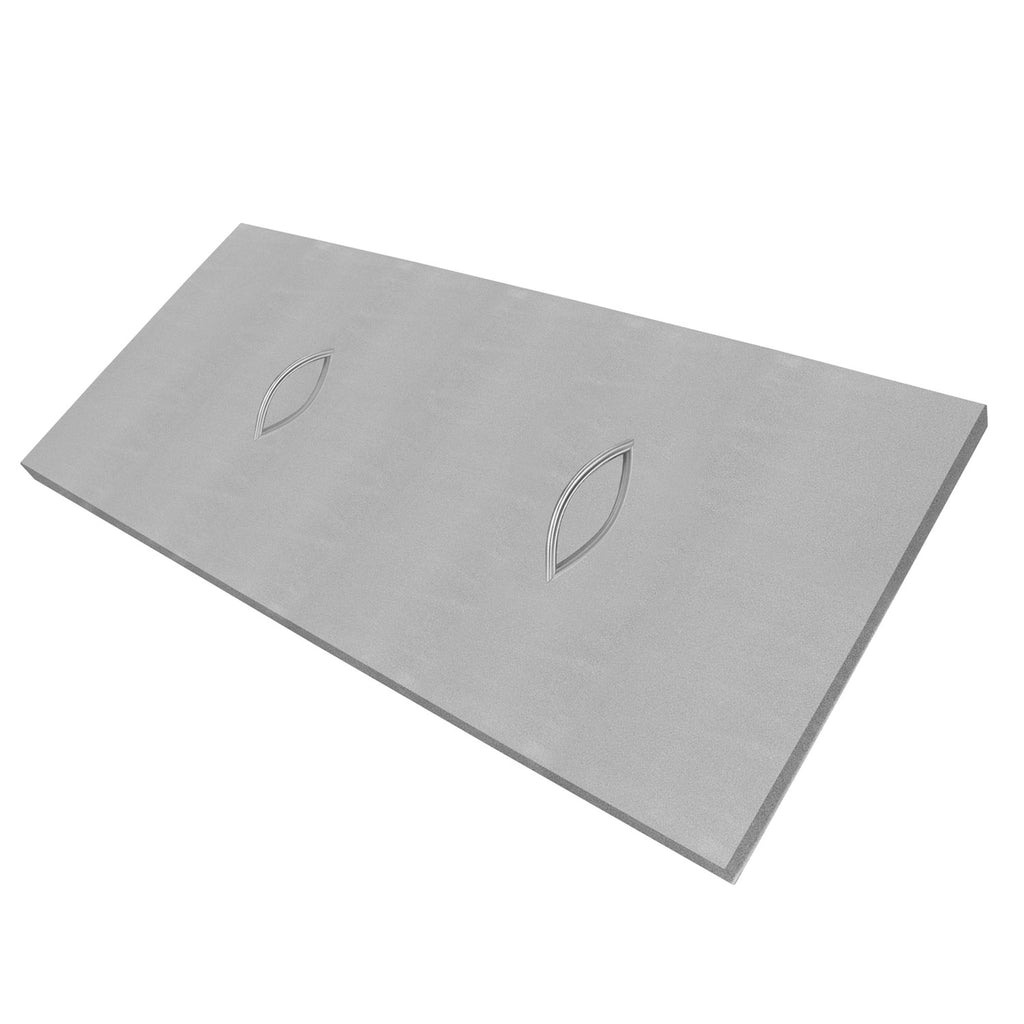 Gray fireplace weather cover with curved cutout emblem panels
