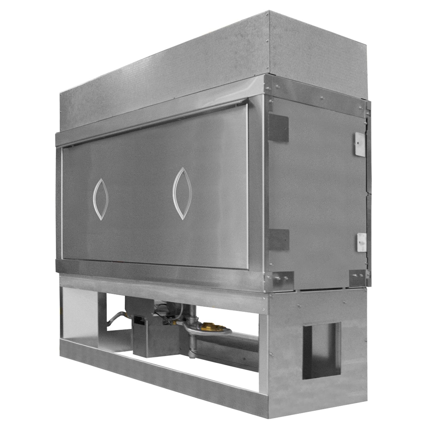 Gray metal fireplace weather cover with hinged front panels and two oval emblems