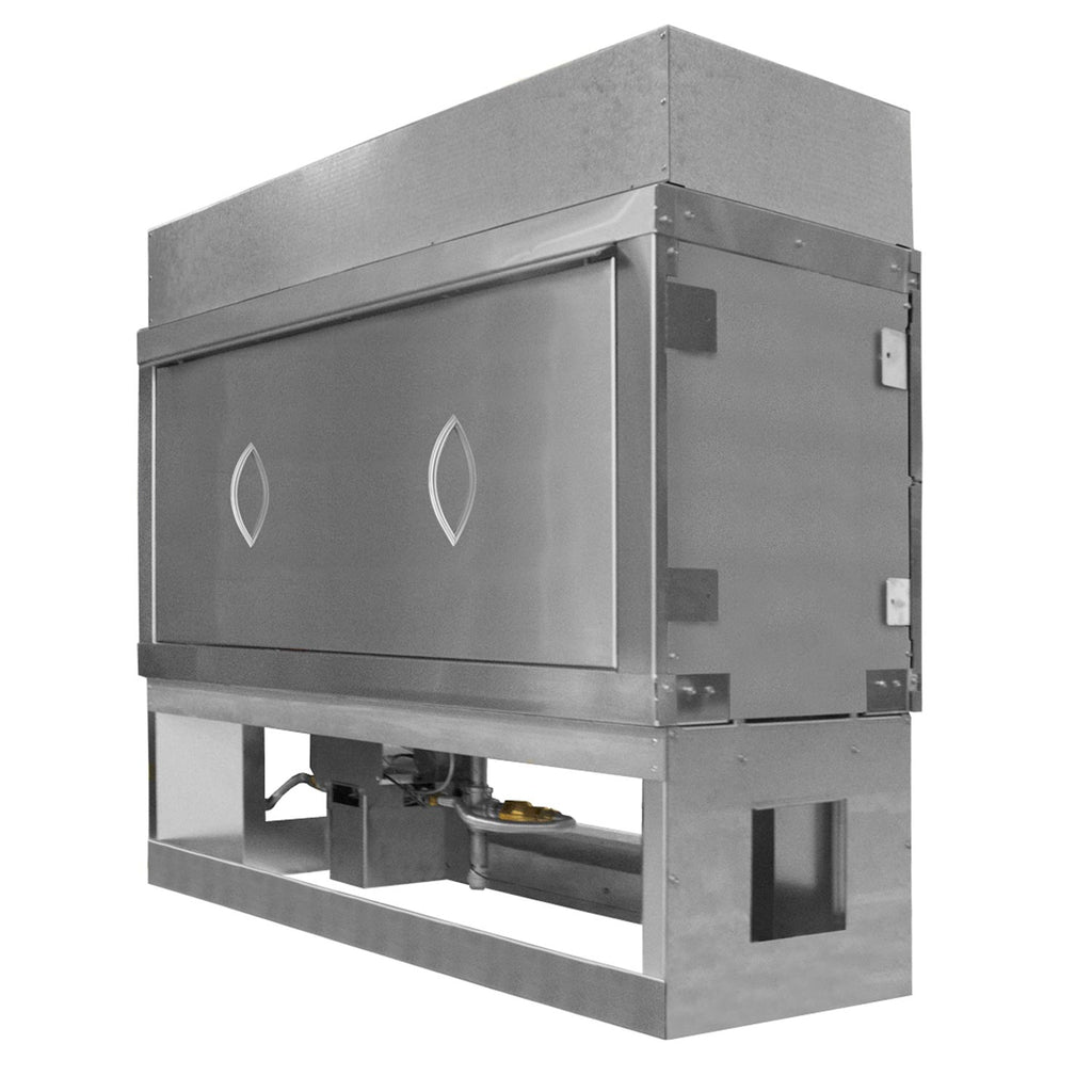 36-inch fireplace weather cover, gray metal box with hinged side panels and flame cutouts