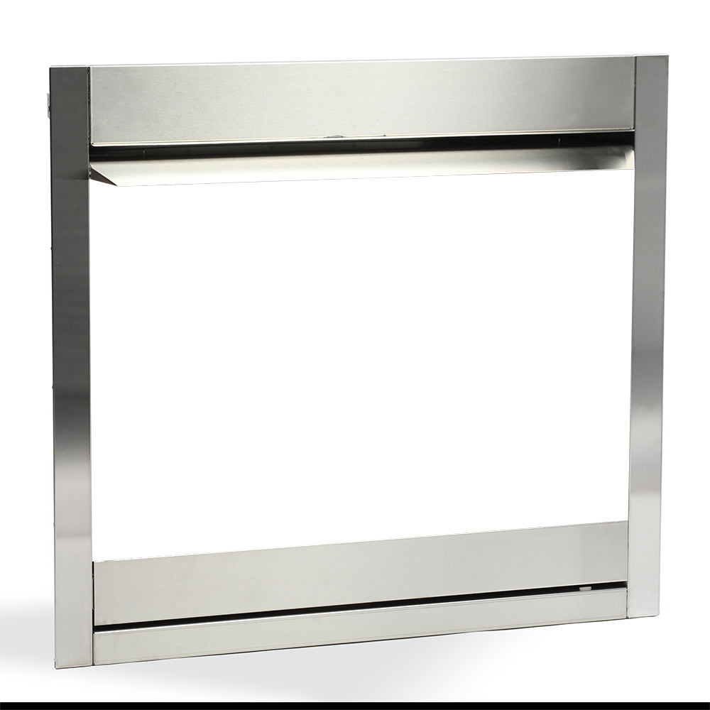 Stainless steel outdoor gas fireplace surround, rectangular frame with open front