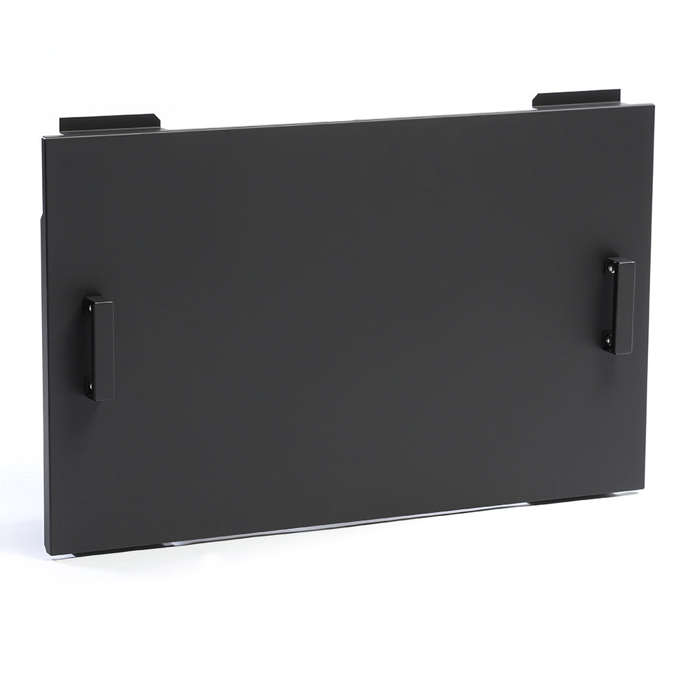 Black weather cover panel with side handles for outdoor gas fireplace