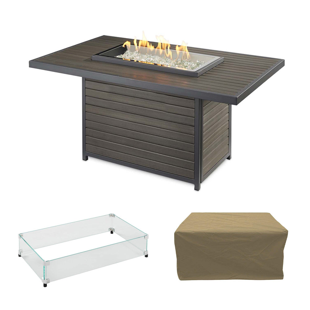 Gas fire pit table with glass wind guard and tan cover bundle