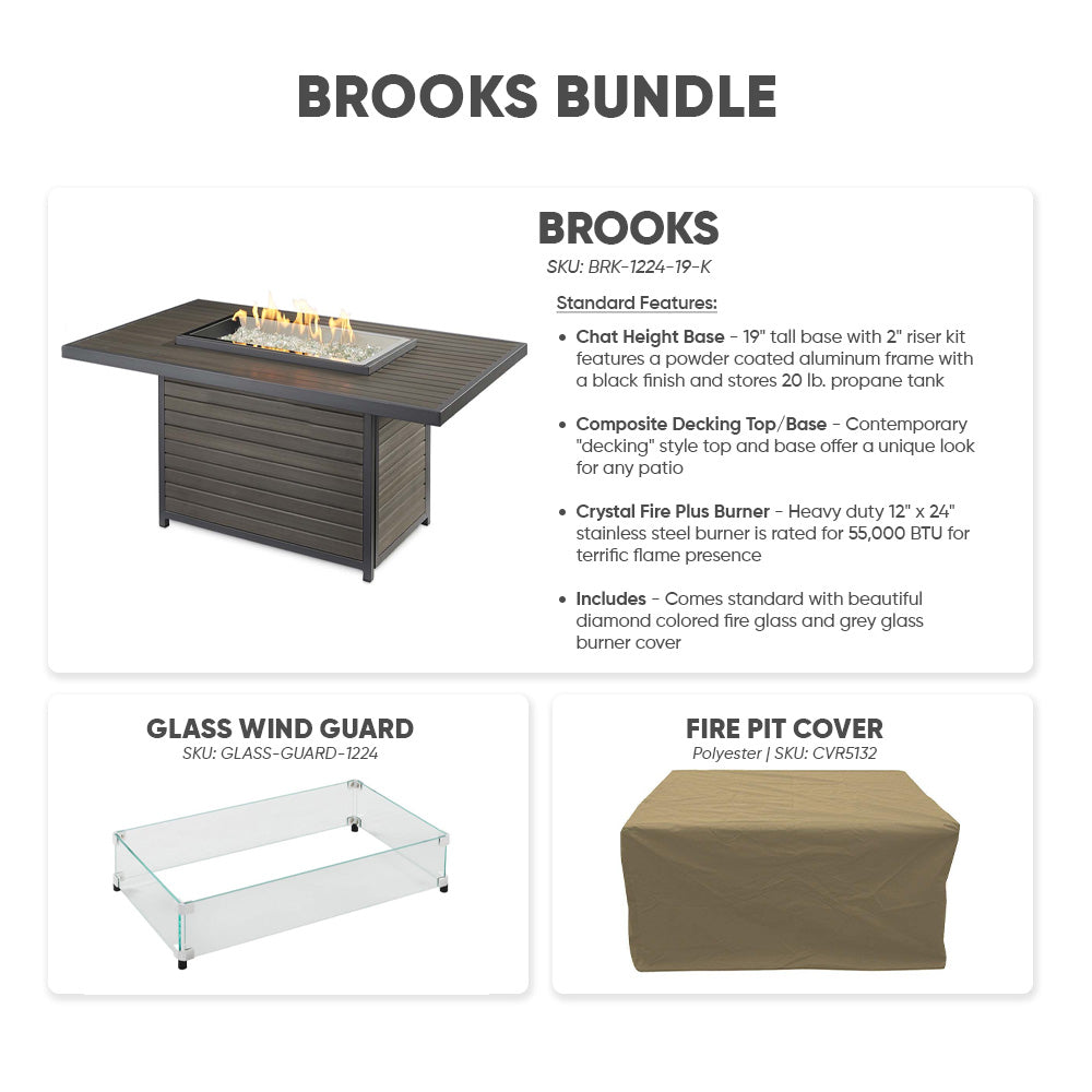 Brooks bundle graphic showing gas fire pit with glass wind guard and cover